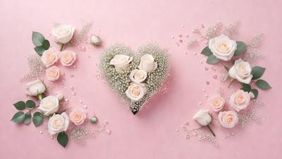 The primary subject of the image is a heart-shaped arrangement of white roses. The heart is made up of multiple white roses, creating a beautiful and elegant display. The setting is a pink background, which complements the white roses and adds a touch of warmth to the scene. The visual style of the image is a close-up of the heart-shaped arrangement, allowing the viewer to appreciate the details of the roses and their arrangement. The colors and mood of the image are predominantly p