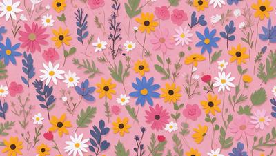 The primary subject of the image is a colorful floral pattern featuring a variety of flowers, including daisies, on a pink background. The setting is a wall, and the visual style is a combination of digital art and illustration. The dominant colors are pink, white, and yellow, creating a cheerful and vibrant atmosphere.