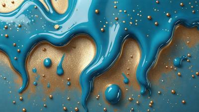 The primary subject of the image is a blue and gold liquid, possibly a paint or a glaze, with a swirling pattern. The setting is a blue background, and the visual style appears to be a digital art or illustration. The colors and mood of the image are vibrant and lively, with the blue and gold colors creating a sense of depth and richness.