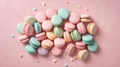 The primary subject of the image is a pile of colorful macaroon cookies. The cookies are arranged on a pink surface, which adds a touch of color to the scene. The visual style of the image is a close-up of the cookies, showcasing their vibrant colors and textures. The overall atmosphere of the image is cheerful and inviting, as the macaroon cookies are a popular treat often associated with happiness and celebrations.