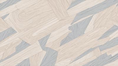 The primary subject of the image is a wooden floor with a unique and intricate pattern. The setting is a room with a blue and white color scheme. The visual style is a combination of a photo and digital art, creating a visually appealing and artistic representation of the wooden floor. The colors and mood of the image are predominantly blue and white, giving it a calm and serene atmosphere.