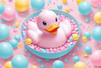 The primary subject of the image is a cute cartoon duck sitting in a bowl filled with colorful balls, which are likely marshmallows. The setting is a pink background, and the visual style appears to be a digital art or illustration. The colors and mood of the image are bright, cheerful, and playful, with the vibrant colors of the marshmallows and the cute duck creating a fun and lively atmosphere.