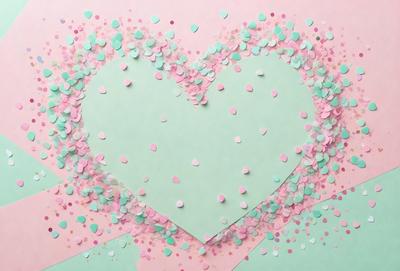 The primary subject of the image is a heart-shaped paper cutout, which is placed on a pink background. The heart is made of paper and is decorated with pink and green sprinkles. The visual style of the image is a combination of a photo and digital art, creating a unique and creative design. The colors and mood of the image are predominantly pink and green, giving it a warm and cheerful atmosphere.