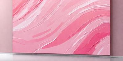 The primary subject of the image is a painting of a pink and white wave. The setting is a white wall, and the visual style is a painting. The dominant colors in the painting are pink and white, creating a calming and serene atmosphere.