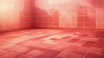 The primary subject of the image is a pink tiled bathroom. The setting is a pink tiled floor, and the visual style is a painting or drawing. The colors and mood of the image are predominantly pink, creating a warm and inviting atmosphere.
