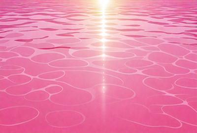 The primary subject of the image is a large body of water, which appears to be a pink-colored ocean. The water is filled with ripples and waves, creating a dynamic and visually appealing scene. The setting is a sunny day, with the sun shining brightly in the sky. The visual style of the image is a combination of photo and digital art, creating a unique and captivating representation of the ocean. The colors and mood of the image are predominantly pink, giving it a