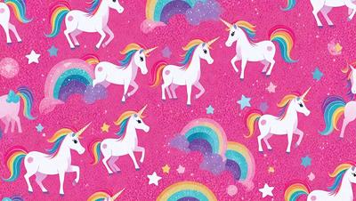 The primary subject of the image is a group of six unicorns, each with a different color, running across a pink background. The setting is a cloudy sky, and the visual style is a combination of digital art and illustration. The colors and mood of the image are vibrant and lively, with the unicorns and the pink background creating a cheerful and whimsical atmosphere.