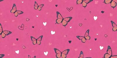 The primary subject of the image is a pink background with a pattern of hearts and butterflies. The hearts are scattered throughout the background, while the butterflies are more concentrated in the center and towards the top of the image. The visual style of the image is a combination of digital art and illustration, creating a vibrant and playful atmosphere. The colors and mood of the image are predominantly pink, which gives it a warm and inviting feel.