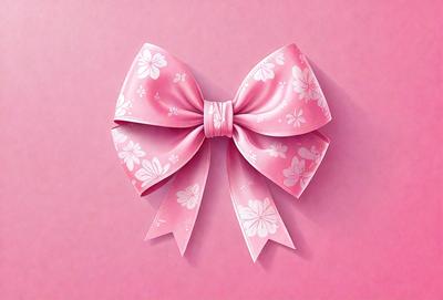 The primary subject of the image is a pink bow with white flowers on it. The setting is a pink background, which adds to the overall mood of the image. The visual style is a combination of photo and digital art, creating a unique and eye-catching design. The colors and mood of the image are predominantly pink and cheerful, making it an appealing and attractive piece of art.