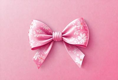 The primary subject of the image is a pink bow with white flowers on it. The setting is a pink background, which adds to the overall mood of the image. The visual style is a combination of photo and digital art, creating a unique and eye-catching design. The colors and mood of the image are predominantly pink and cheerful, making it an appealing and attractive piece of art.