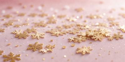 The primary subject of the image is a close-up of gold glittery snowflakes scattered on a pink surface. The setting is a pink table, and the visual style appears to be a combination of a photo and digital art. The colors and mood of the image are warm and festive, with the gold snowflakes creating a visually appealing and cozy atmosphere.
