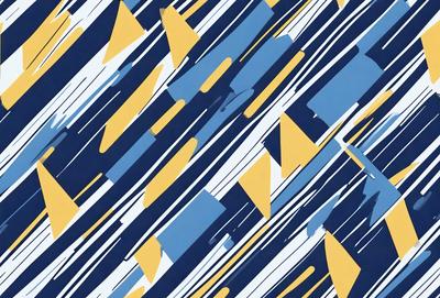 The primary subject of the image is a blue and yellow patterned fabric. The setting is a blue and yellow background, which creates a vibrant and lively atmosphere. The visual style is a combination of digital art and illustration, giving the image a unique and creative appearance. The dominant colors are blue and yellow, which are used throughout the pattern to create a cohesive and eye-catching design.