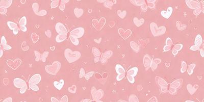 The primary subject of the image is a pink background with a pattern of hearts and butterflies. The hearts are scattered throughout the background, while the butterflies are more concentrated in the center and towards the top of the image. The visual style of the image is a combination of digital art and illustration, creating a whimsical and playful atmosphere. The colors and mood of the image are predominantly pink, which adds a sense of warmth and happiness to the scene.