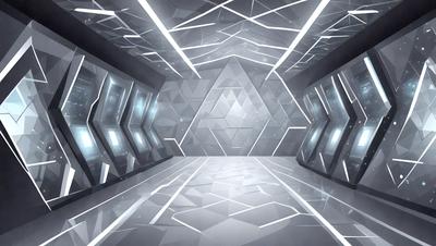 The primary subject of the image is a large, open room with a white and black color scheme. The room features a geometric pattern on the walls, giving it a modern and sleek appearance. The setting is a large, empty room with a high ceiling, and the visual style is a combination of photo and digital art. The colors and mood of the room are predominantly white and black, creating a clean and minimalist atmosphere.