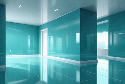 The primary subject of the image is a large, open, and empty room with a blue color scheme. The room appears to be a lobby or a large hallway, with a doorway visible in the center. The setting is a modern, clean, and minimalist environment. The visual style of the image is a digital art or illustration, with a focus on the blue color and the overall design of the space. The colors and mood of the image are calm, serene, and inviting, creating a sense of tran