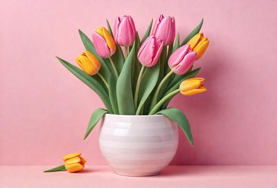 The primary subject of the image is a white vase filled with yellow and pink tulips. The vase is placed on a pink surface, which serves as the setting for the scene. The visual style of the image is a photo, capturing the beauty of the flowers and the vase. The colors and mood of the image are predominantly warm and cheerful, with the yellow and pink tulips adding a touch of brightness to the scene.