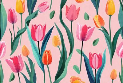 The primary subject of the image is a painting of a field of flowers, featuring a variety of different colored flowers. The setting is a pink background, which adds a warm and vibrant atmosphere to the painting. The visual style is a combination of digital art and illustration, creating a detailed and realistic representation of the flowers. The colors and mood of the painting are lively and cheerful, with the bright colors of the flowers and the pink background creating a sense of happiness and positivity.
