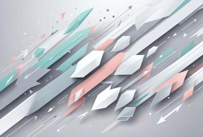 The primary subject of the image is a colorful and abstract design featuring a mix of geometric shapes and arrows. The setting is a gray background, which provides a clean and neutral backdrop for the vibrant colors and patterns. The visual style is a combination of digital art and illustration, creating a dynamic and eye-catching design. The dominant colors are a mix of pink, blue, and white, giving the image a lively and energetic atmosphere.