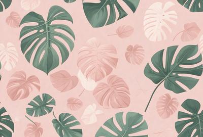 The image features a pink and green leaf pattern, with a variety of leaf shapes and sizes. The leaves are arranged in a visually appealing manner, creating a sense of depth and dimension. The primary subject of the image is the leaf pattern, which is the main focus of the scene. The setting is a pink and green background, which complements the leaf pattern and adds to the overall visual style. The image is a digital art piece, showcasing the artist's skill in creating intricate and detailed patterns. The colors