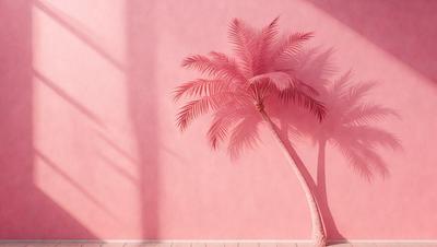 The primary subject of the image is a pink wall with a large, pink, palm tree silhouette painted on it. The setting is a room with a pink wall, and the visual style is a painting or drawing. The colors and mood of the image are predominantly pink, creating a warm and inviting atmosphere.