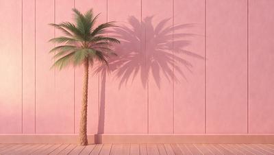 The primary subject of the image is a tall palm tree with a shadow cast on a pink wall. The setting is a pink wall, and the visual style appears to be a photo. The colors and mood of the image are predominantly pink, creating a warm and inviting atmosphere.