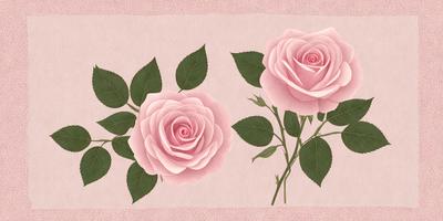 The primary subject of the image is a close-up of three pink roses with green leaves. The roses are arranged in a trio, with one on the left, one in the middle, and one on the right. The setting is a pink background, which adds a warm and inviting atmosphere to the scene. The visual style is a combination of photo and digital art, creating a realistic yet artistic representation of the roses. The colors and mood of the image are predominantly pink and warm,