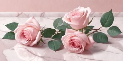 The primary subject of the image is a bouquet of three pink roses. The setting is a marble table, and the visual style is a photo. The dominant colors are pink and white, creating a soft and elegant atmosphere.