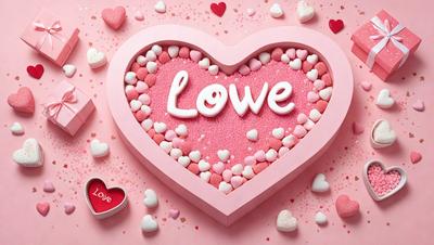 The primary subject of the image is a heart-shaped box filled with pink and white candy. The heart is made of candy, and the box is pink in color. The setting is a close-up of the heart-shaped box, showcasing the candy inside. The visual style is a combination of digital art and illustration, creating a visually appealing and creative presentation. The colors and mood of the image are predominantly pink and white, giving it a warm and inviting