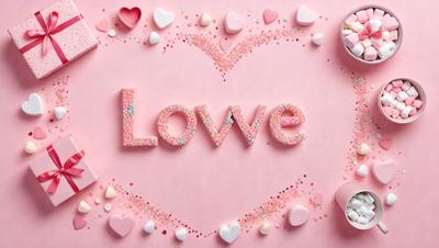 The primary subject of the image is a heart-shaped sign that reads "LOVE." The heart is made up of various candy hearts, creating a visually appealing and playful display. The setting is a pink background, which complements the heart and adds to the overall mood of the image. The visual style is a combination of digital art and illustration, as the heart is composed of candy hearts arranged in a creative manner. The colors and mood of the image are predominantly pink, which