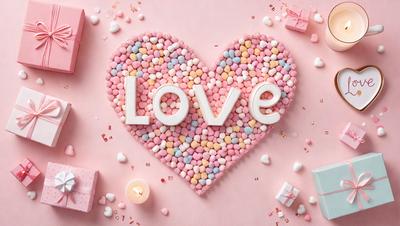 The primary subject of the image is a heart-shaped display made of candy, with the word "love" written on it. The heart is filled with various types of candy, creating a visually appealing and colorful presentation. The setting is a pink background, which complements the heart and adds to the overall mood of the image. The visual style is a combination of digital art and illustration, as the heart is created using candy pieces and the word "love" is written in a stylish
