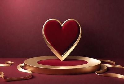 The primary subject of the image is a heart-shaped piece of art, which is placed on a red surface. The setting appears to be a studio or a workspace, as the heart is the main focus of the image. The visual style is a combination of digital art and illustration, creating a unique and eye-catching design. The colors and mood of the image are predominantly red, which adds a sense of warmth and passion to the scene.