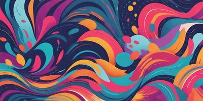 The primary subject of the image is a colorful, abstract painting featuring a mix of blue, orange, and pink hues. The setting is a wall, and the visual style appears to be a digital art or illustration. The painting creates a vibrant and lively atmosphere, with the colors and patterns evoking a sense of energy and movement.