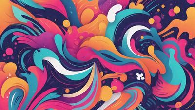 The primary subject of the image is a colorful, abstract artwork featuring a mix of blue, orange, and purple colors. The setting is a colorful background, and the visual style appears to be a combination of digital art and illustration. The overall atmosphere is vibrant and lively, with the artwork likely evoking a sense of creativity and imagination.