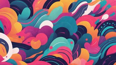 The primary subject of the image is a colorful, abstract design featuring a mix of pink, blue, yellow, and orange colors. The setting is a colorful, swirling background that complements the vibrant design. The visual style is a combination of digital art and illustration, creating a unique and eye-catching pattern. The overall atmosphere is lively and energetic, with the colors and patterns evoking a sense of movement and creativity.