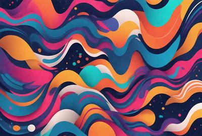 The primary subject of the image is a colorful, abstract design featuring a mix of blue, orange, and purple hues. The setting is a wall, and the visual style appears to be a combination of digital art and illustration. The colors and mood of the image are vibrant and energetic, creating a lively atmosphere.