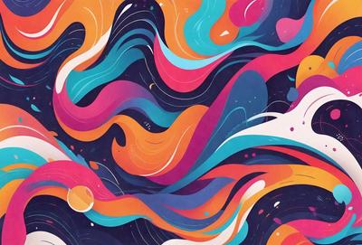 The primary subject of the image is a colorful, abstract painting featuring a mix of blue, orange, and pink hues. The painting is displayed on a wall, creating a vibrant and lively atmosphere. The visual style of the painting is a combination of digital art and illustration, showcasing a unique and creative design. The colors and mood of the painting evoke a sense of energy and excitement, making it an eye-catching and memorable piece of art.
