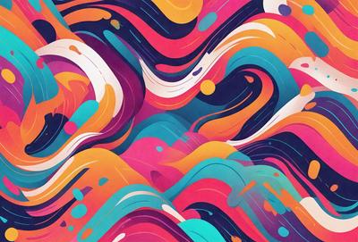 The primary subject of the image is a colorful, abstract design featuring a mix of orange, blue, and yellow colors. The setting is a patterned surface, possibly a wallpaper or a piece of artwork. The visual style appears to be a combination of digital art and illustration, creating a vibrant and dynamic appearance. The dominant colors and overall atmosphere of the image are energetic, lively, and full of life.
