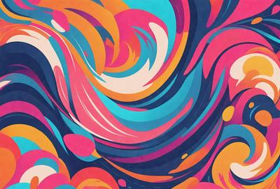 The primary subject of the image is a colorful, swirling pattern that resembles a painting or a digital artwork. The setting is a blue and pink background, which adds to the vibrant and lively atmosphere of the scene. The visual style is a mix of digital art and illustration, creating a unique and eye-catching design. The dominant colors are blue, pink, and orange, which contribute to the overall mood of the image, which is energetic, lively, and full of