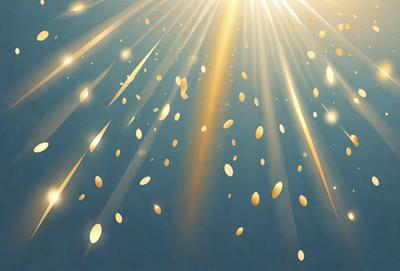 The primary subject of the image is a bright, colorful display of gold confetti or glittering stars. The setting is a blue background, which contrasts with the gold confetti, creating a visually striking scene. The visual style is a combination of digital art and illustration, as the confetti appears to be digitally created and placed on the blue background. The colors and mood of the image are predominantly gold and vibrant, evoking a sense of celebration or festivity.