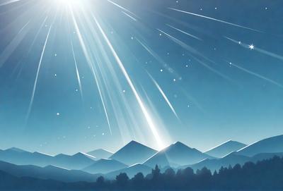 The primary subject of the image is a beautiful mountain range with a blue sky in the background. The setting is a serene, natural environment with the mountains as the main focus. The visual style is a combination of photo and digital art, creating a stunning and realistic representation of the landscape. The colors and mood are predominantly blue and serene, evoking a sense of tranquility and awe.