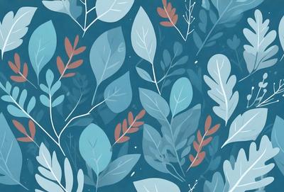 The primary subject of the image is a blue and white floral pattern. The setting is a blue background, and the visual style is a digital art or illustration. The dominant colors are blue and white, creating a calm and serene atmosphere.