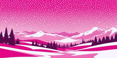 The primary subject of the image is a snowy mountain landscape. The setting is a pink and white sky, which creates a unique and visually striking backdrop. The visual style of the image is a combination of digital art and illustration, giving it a distinct and artistic appearance. The dominant colors in the image are pink and white, which contribute to the overall mood of the scene, evoking a sense of tranquility and beauty.