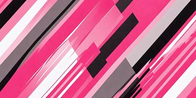The primary subject of the image is a large, colorful painting featuring a pink and black color scheme. The painting is displayed on a gray wall, creating a striking contrast between the colors and the background. The visual style of the painting appears to be a combination of digital art and illustration, giving it a unique and eye-catching appearance. The dominant colors in the painting are pink and black, creating a bold and vibrant atmosphere.