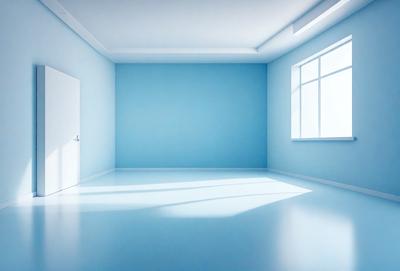 The primary subject of the image is a large, empty room with a blue wall. The room appears to be a large, open space with a doorway. The setting is a white room with a blue wall, and the visual style is a photo. The colors and mood of the image are predominantly blue, creating a calm and serene atmosphere.