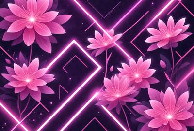 The primary subject of the image is a pattern of pink flowers on a purple background. The setting is a space with a pink and purple color scheme. The visual style is a digital art or illustration, creating a vibrant and lively atmosphere. The dominant colors are pink and purple, with the flowers being the main focus of the image.