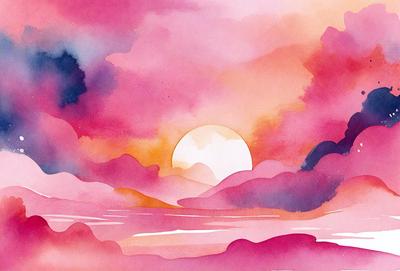 The primary subject of the image is a beautiful sunset with a pink sky. The setting is a beach, and the visual style is a watercolor painting. The colors and mood of the painting are warm and inviting, creating a serene and picturesque scene.