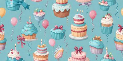 The primary subject of the image is a collection of cupcakes and cakes, which are displayed in various positions and orientations. The setting is a blue background, which adds a vibrant and lively atmosphere to the scene. The visual style is a combination of digital art and illustration, creating a whimsical and playful mood. The colors are predominantly pink and blue, which are associated with celebrations and joy.
