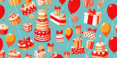The primary subject of the image is a cake, which is the main focus of the scene. The cake is placed on a blue surface, which serves as the setting. The visual style of the image is a combination of digital art and illustration, creating a vibrant and colorful atmosphere. The dominant colors in the image are red and orange, which are associated with the cake and balloons.