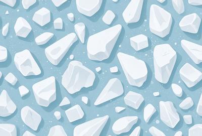 The primary subject of the image is a blue and white rock wall with a pattern of white and blue ice-like shapes. The setting is a blue background, and the visual style is a combination of digital art and illustration. The colors and mood of the image are predominantly blue and white, creating a cool and calming atmosphere.