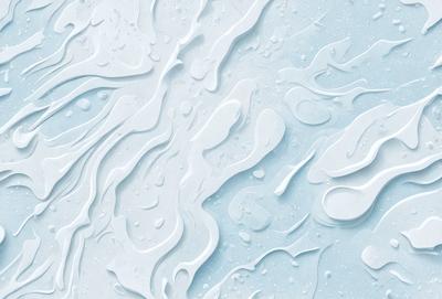 The primary subject of the image is a white, wet, and shiny surface, which appears to be a wall or a piece of art. The setting is a room with a blue background, giving the scene a cool and modern atmosphere. The visual style is a combination of photo and digital art, creating a unique and intriguing appearance. The colors and mood are predominantly white and blue, with a touch of wetness and shine, evoking a sense of freshness and cleanliness.